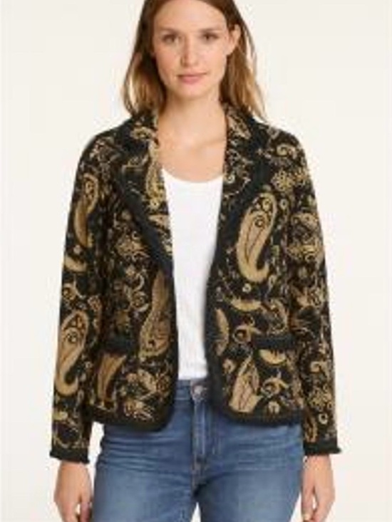 Chico's Jackets & Blazers - Chico's Vintage Black & Gold Paisley Knit Open Blazer Jacket (1)